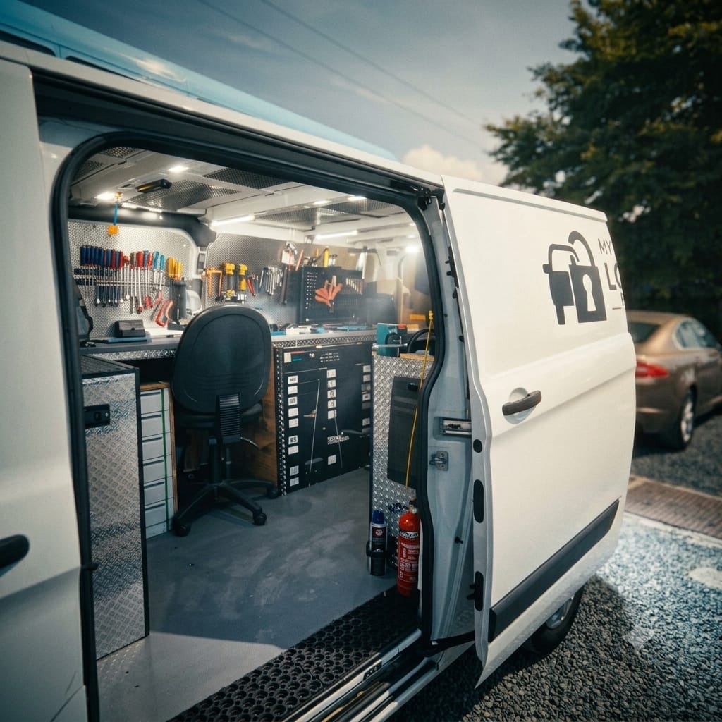 Side door of the mobile locksmith van open, showing the fitted workshop and tool boards inside