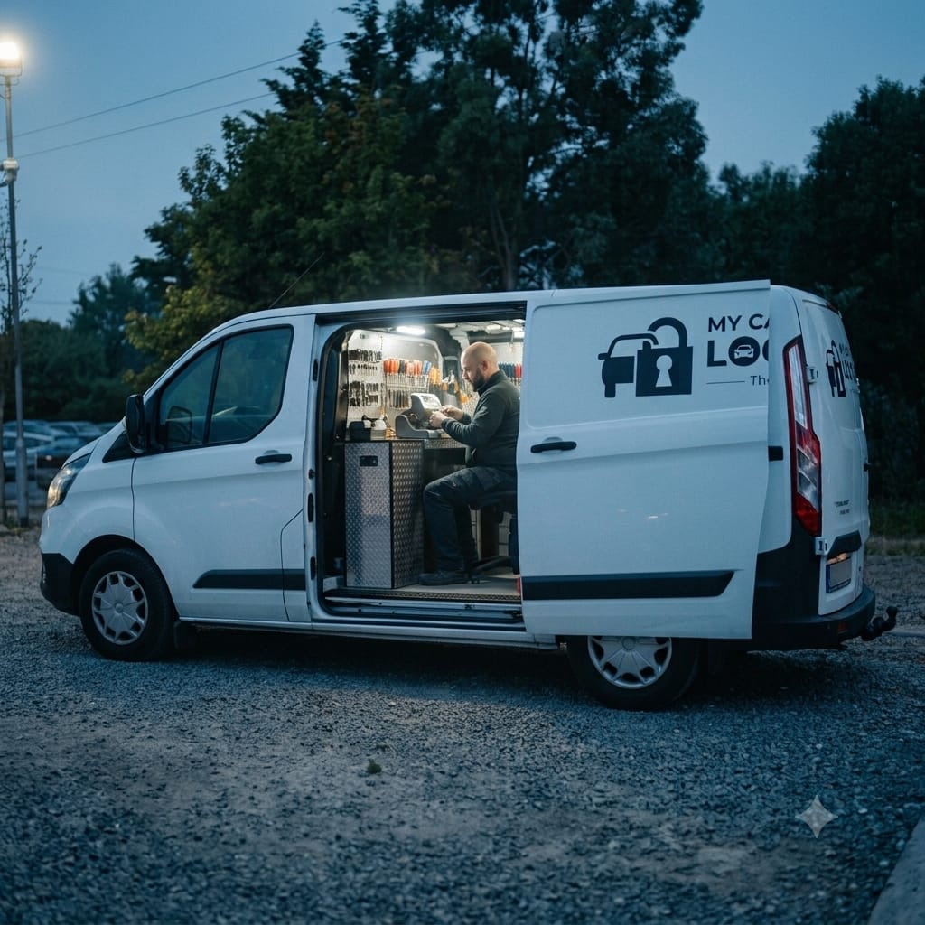 My Car Locksmith branded mobile van with the side door open and a technician working at the in-van workstation